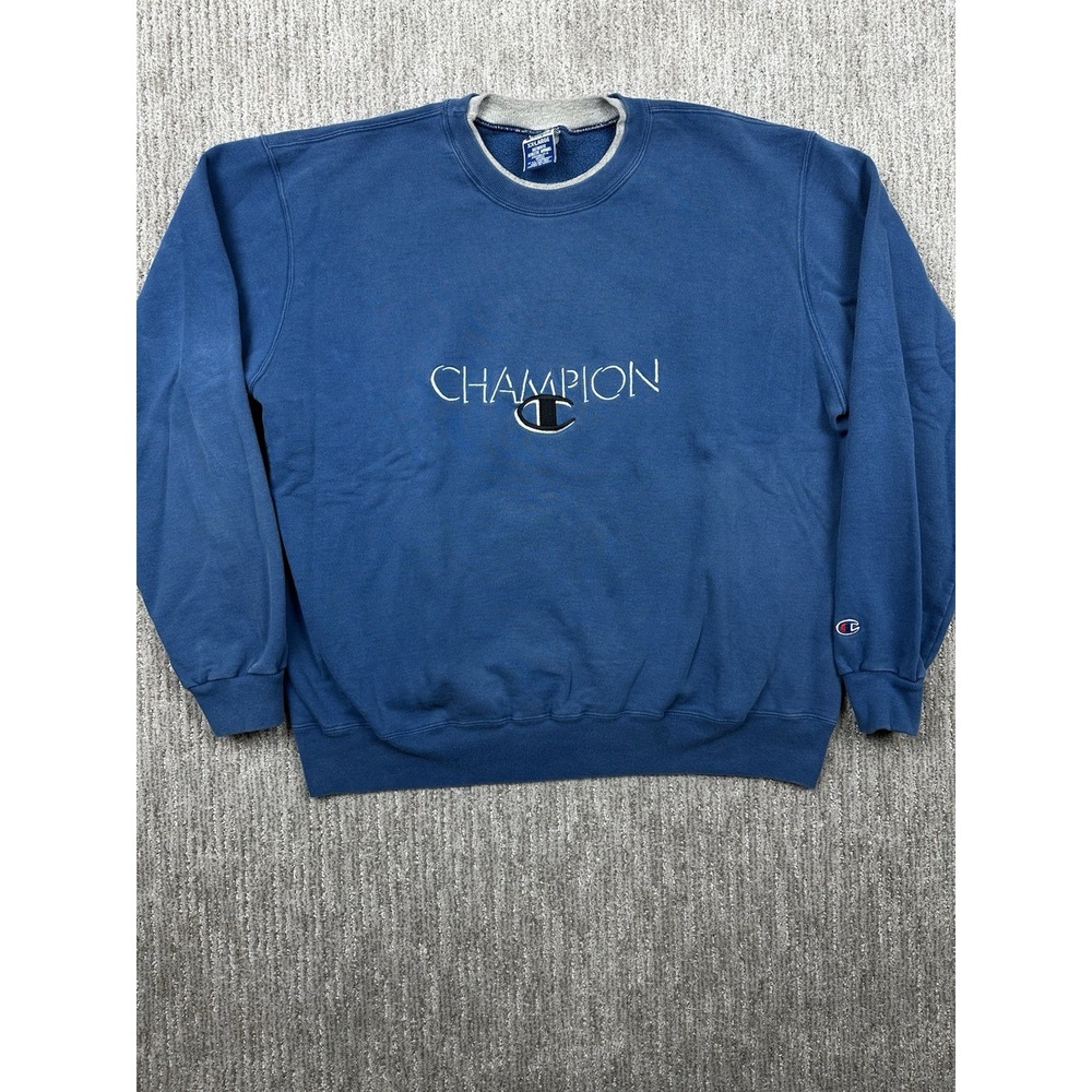 Vintage Champion Crewneck Sweatshirt Spellout Logo Men's Blue Size 2XL Distress